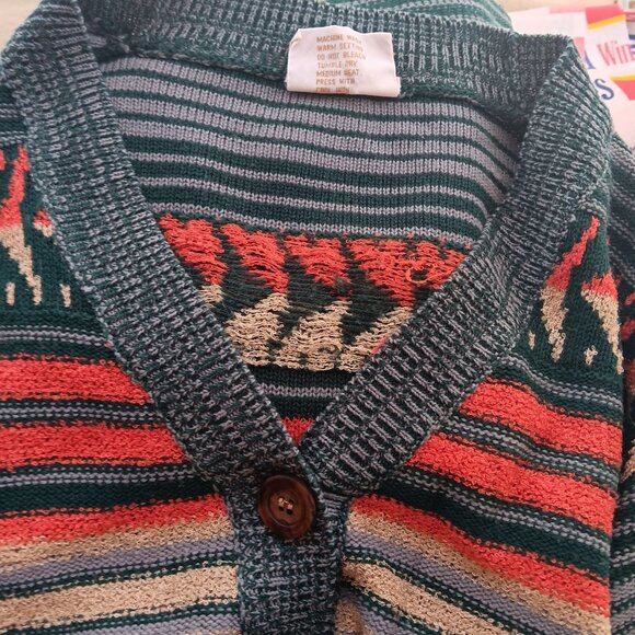 Vintage True Boho Jantzen Striped Knit Cardigan Belted Waist Wooden Buttons 70's - Picture 7 of 7